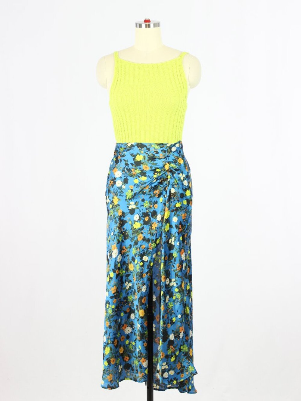 ZARA Blue Floral Print Satin Button Front Midi Slip Skirt, Size M